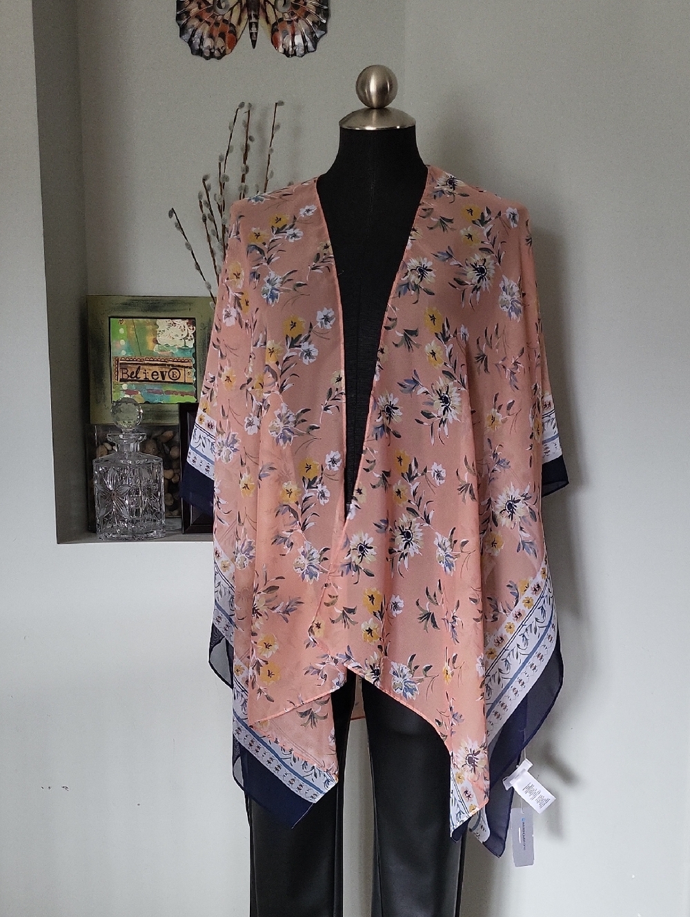 Peach Floral Lightweight Kimono Wrap with Navy Border